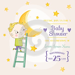 Baby Boy Climbing on a Moon - Baby Shower or Arrival Card