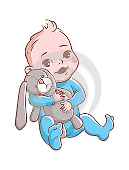 Baby boy. Cute infant hugging rabbit toy, smiling toddler in blue clothes sitting. Happy child vector isolated