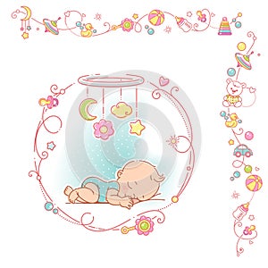 Baby boy with decorative frame and borders.
