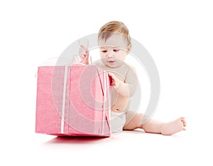 Baby boy in diaper with big gift box #2