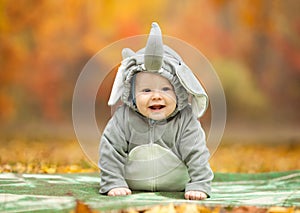 Baby boy dressed in elephant costume in autumn