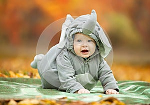 Baby boy dressed in elephant costume in park