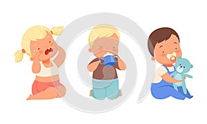 Baby Boy Drinking Milk from Bottle and Girl Crying Vector Set