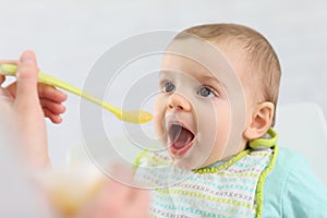 Baby boy eating stewed fruits photo