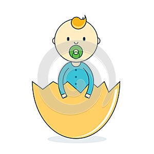 Baby boy in eggshell with pacifier. Newborn human male in hatch