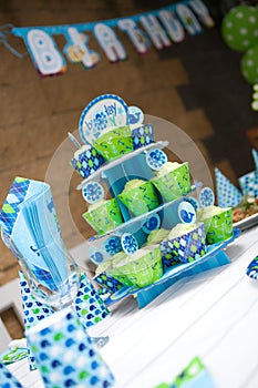 Baby boy first birthday party - outdoor table set