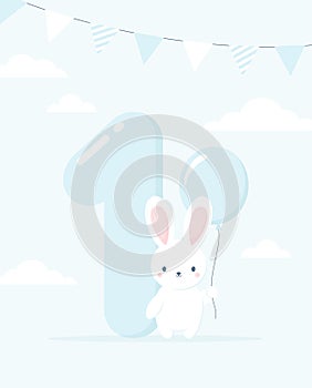 Baby boy first year anniversary birthday card. A cute rabbit with a balloon standing near the big number one on a blue background