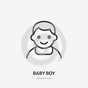 Baby boy flat line icon. Vector outline illustration of little kid avatar. Black color thin linear sign for children