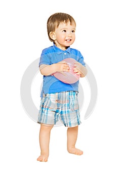 Baby Boy full length portrait, Happy Kid with Balloon on White, Child One Year Old