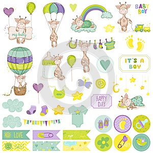 Baby Boy Giraffe Scrapbook Set. Decorative Elements