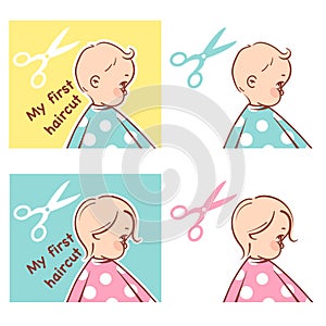 Baby boy or girl first haircut stickers set.