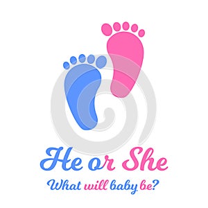 Baby boy and girl footprints, blue and pink colors. Gender reveal party invitation card or banner. He or she concept
