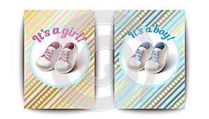 Baby boy and girl poster set, invitation card in cute pastel colors. Festive baby arrival or baby shower- boots and lettering