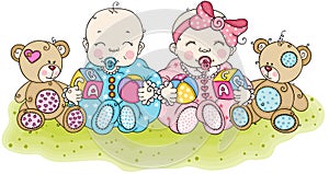 Baby boy and girl sitting on garden with teddies