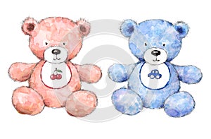 Baby Boy and Girl Teddy Bear Nursery Illustration Set Hand Painted isolated on white background