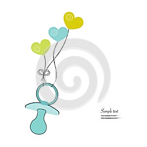 Baby boy green soother and hearts greeting card illustration