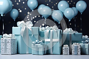 For baby boy modern white and light blue Birthday Background.. Generative AI