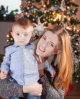 Baby boy and mommy, Christmas portrait