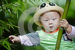 Baby boy play in bamboo forest