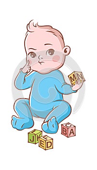Baby boy playing with cubes. Funny cute toddler in blue costume and blocks, vector cartoon kid character