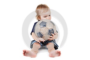 Baby boy playing with a soccer ball. Isolated on white