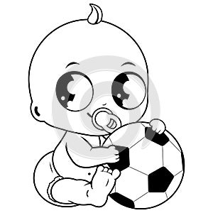 Baby boy playing with a soccer ball. Vector black and white coloring page