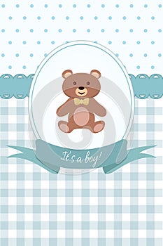 Baby boy shower or arrival card with teddy bear. Flat design