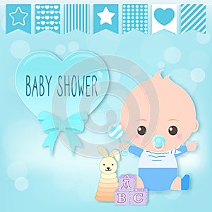 Baby boy shower card, baby boy and toy. Greeting card paper art style