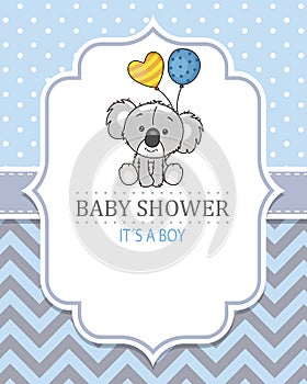 Baby boy shower card. cute koala with balloons