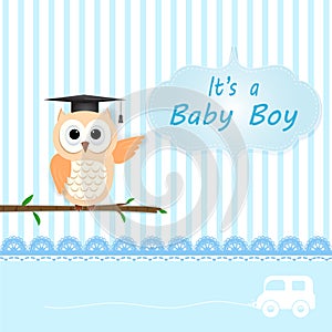 Baby boy shower card with Owl on blue. Happy Birthday card