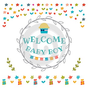 Baby boy shower card. Welcome baby boy. Baby boy arrival postcard. Baby shower greeting card