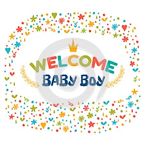 Baby boy shower card. Welcome baby boy. Baby boy arrival postcard. Baby shower greeting card. Announcement card