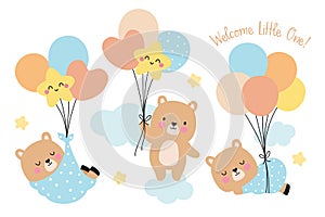 Baby Boy Shower Cute Baby Bear with Balloons Cartoon Vector Illustration