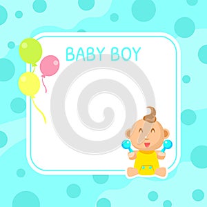 Baby Boy Shower Invintation Template, Cute Blue Arrival Card with Place for Text Vector Illustration