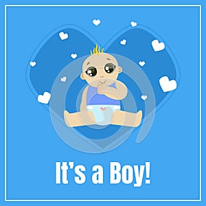 Baby Boy Shower Invitation Template, Blue Card with Cute Toddler Baby and Place For Your Text Vector Illustration