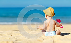 Baby boy sit back with toys on beach