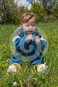 The baby boy sits in the nature and plays with the grass