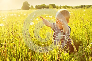 Baby boy sitting in grass on the fieald with dandelions