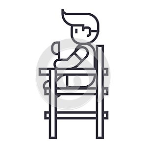 Baby boy sitting on high chair vector line icon, sign, illustration on background, editable strokes
