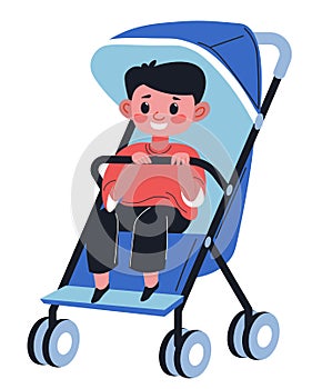 Baby boy sitting in perambulator holding handle