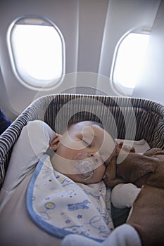 Baby Boy Sleeping In Bassinet On Airplane