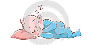 Baby boy sleeping. Cute happy newborn in blue pajamas, isolated cartoon vector child