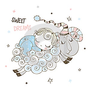 Baby boy is sleeping sweetly on a sheep. Baby shower. Sweet dream. Vector