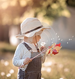 Baby boy standing in grass on the fieald with dandelions