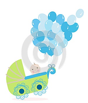 Baby boy stroller with balloon. Baby shower greeting card