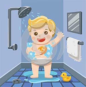 A baby boy taking a shower in bathroom.