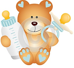 Baby boy teddy bear with baby pacifier and bottle milk