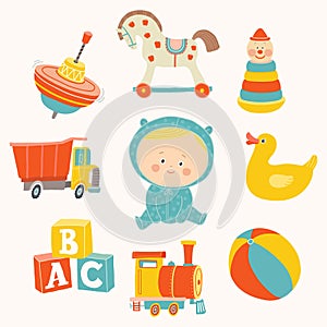 Baby boy with toys : ball, blocks, rubber duck, rocking horse, toy train, pyramid, spinning top, toy truck.