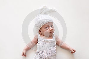 Baby boy on white background. Funny Newborn baby. Isolate, copy space. close-up portrait