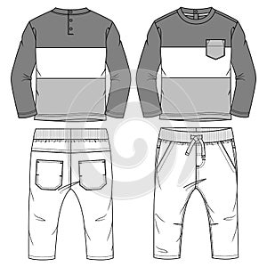 Baby Boys 2-Pieces Pant Set fashion flat sketch template. Technical Fashion Illustration. Long Sleeve Color Block Top with Woven P